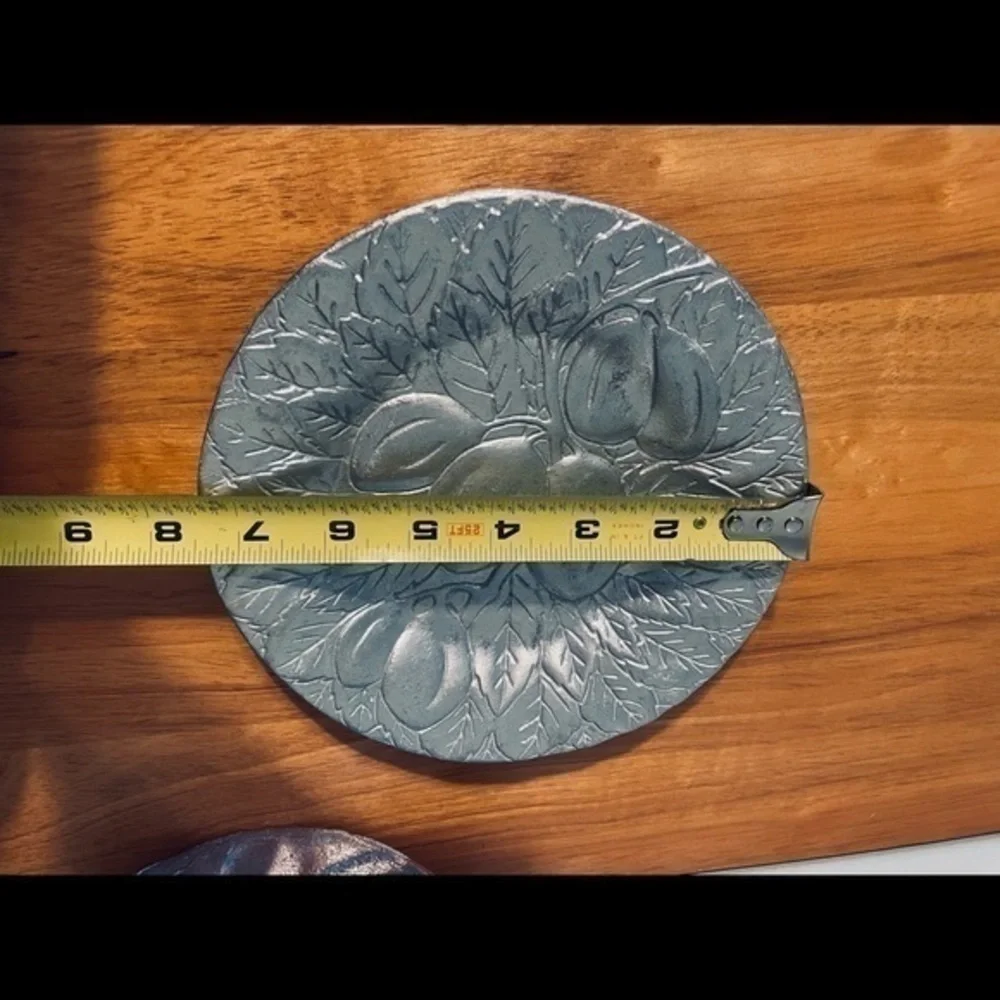 Set of 2 Vintage dinnerware pewter plates, fruit motif | 7.5”